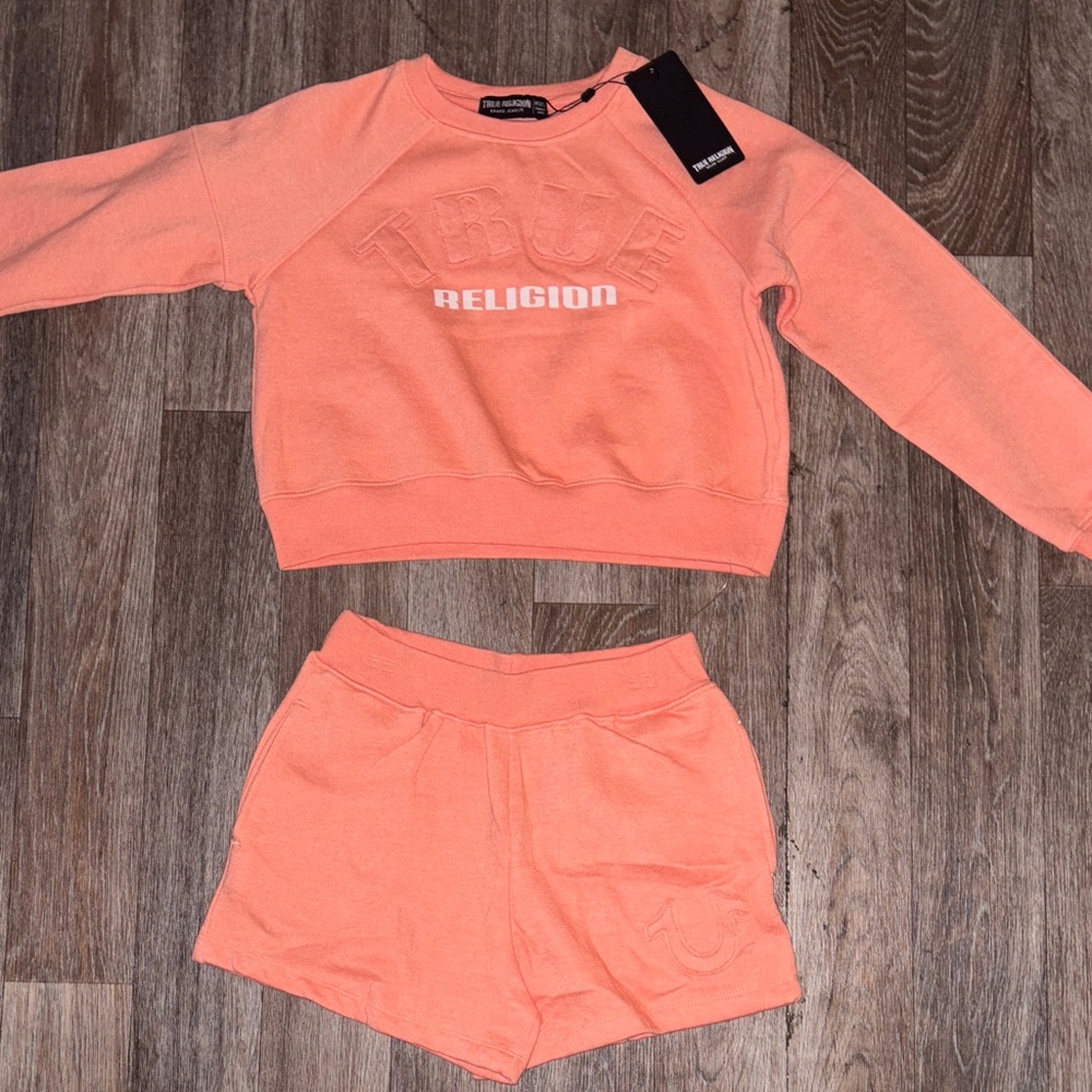 True Religion Peach Coral Kids Matching Set - Sweatshirt & Shorts